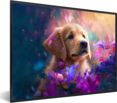 Produktbild von MuchoWow® Gerahmtes Poster Hund - Welpe - Sonne - Blumen - Golden Retriever 80x60 cm - Poster mit Schwarzem Bilderrahmen Wandposter Rahmen Foto Bilder - Schwarzem - Mit Gestell