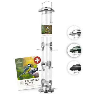 Produktbild von wildtier liebe Körner Futtersäule, Vogelfutterspender 52cm, Silber aus rostfreiem Edelstahl I Vogel-Futterstation, Vogelfutter-Säule, Wildvögel Futtersilo I Ganzjährige Vogelfütterung