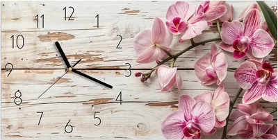 Produktbild von Wanduhr aus Glas mit Motiv Orchideen auf Holz- 60 x 30 cm - inkl. Aufhängesystem