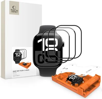 Immagine prodotto di Vetro ibrido Tech-Protect Easy Set Flex+ - Confezione da 3 per Apple Watch 10 / 11 (46 mm) - Nero