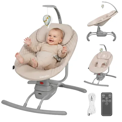 A collage of images showing a baby in a beige electric baby bouncer, along with other views of the bouncer, a USB cable, and a remote control.