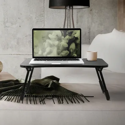 Obrázok produktu pre ML-Design Stolík na laptop na posteľ/pohovku, 60x40 cm, čierny, z MDF, skladací, stolík na posteľ so 4 USB portami na nabíjanie a lampou, zásuvkou, ventilátorom, stojanom na tablet, držiakom na nápoje, stojanom na laptop Lapdesks Notebook