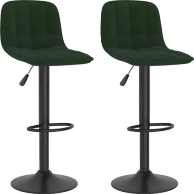 Two dark green velvet bar stools with black bases and adjustable height.