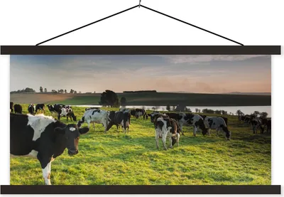 Produktbild von MuchoWow® Textilposter Kuh - Gras - Sonnenuntergang 150x75 cm mit schwarzem Rahmen - Posterleiste