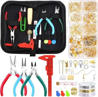 Produktbild von Famanu Schmuckset 1589 Teile mit Schmuckwerkzeugen, 3 Farben Zangen, Schmuckdrähte, verschiedene Schmuckzubehörteile
