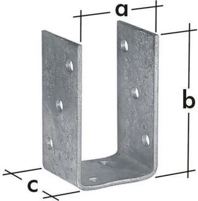 A metal U-shaped bracket with dimensions labeled a, b, and c.