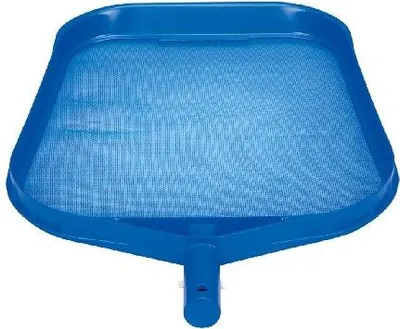 A blue pool skimmer with a mesh net.