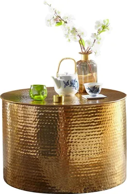 Produktbild von Couchtisch 61 x 40,5 x 61 cm Aluminium Gold Beistelltisch Orientalisch Rund, Flacher Hammerschlag Sofatisch Metall, Design Wohnzimmertisch Modern, Loungetisch Indisch Stubentisch