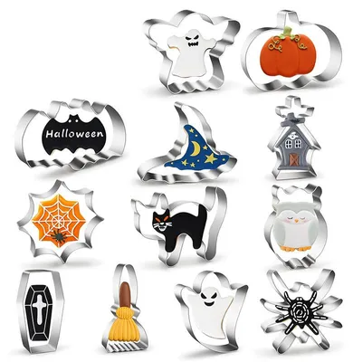 Produktbild von Halloween Keksausstecher Set aus Edelstahl, Kürbis-Geist-Fledermaus Katze Formen, DIY Backformen für Kekse, Plätzchen und Fondant