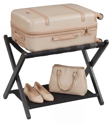 Immagine prodotto di Portavaligie COSTWAY, portaoggetti in legno di gomma con 2 ripiani, portavaligie fino a 50 kg, portaoggetti per camera da letto, 67 x 46 x 52 cm, nero