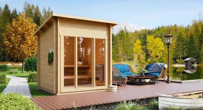 Produktbild von FinnTherm Gartensauna Außensauna Saunahaus Lizzy XXS mit Fußboden mit 2 Sitzbänke aus Fichten-Holz Wandstärke 40 mm