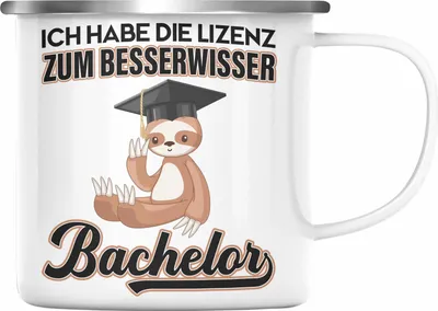 Produktbild von Trendation - Bachelor Geschenk Abschluss Emaille Tasse Spruch Master Abitur Abi Graduation Bestanden Prüfung Lizenz zum Besserwisser (Silber)