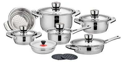 Image de Batterie de Cuisine 16 Pièces tous feux dont induction Zermatt Glacier Collection  Acier Inoxydable Swiss Haus SH-GC2016