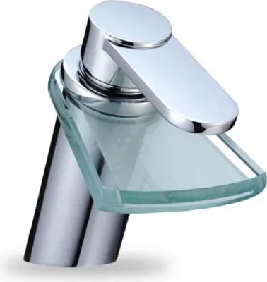 A close-up studio shot of a modern chrome and glass faucet.