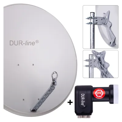 A satellite dish and LNB are shown against a white background, with close-up insets of mounting hardware.