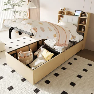 Image de OKWISH Lit Coffre Bois 90x200 cm - Lit Simple en Bois avec Ports USB et Type-C, Tête Fonctionnelle et Rangement Intégré, Sans Matelas - Naturel