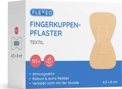 Produktbild von FLEXEO Fingerkuppenpflaster textil beige 4,5 x 8 cm, 50 Pflaster