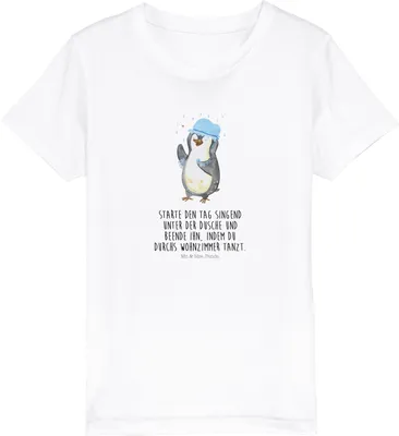 Produktbild von Mr. & Mrs. Panda Kleinkinder T-Shirt Pinguin Duschen 7-8 Jahre (122/128) - Weiß - Geschenk, Singen, Duschkonzert, Bio Kinder, Kindershirt, Dusche, Kurzarm, Baden