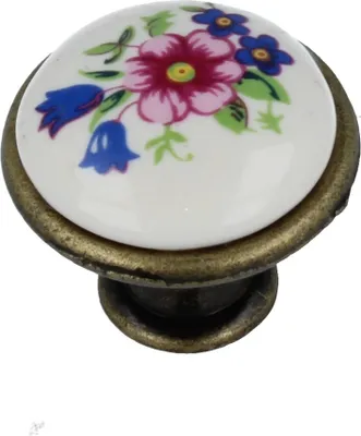 Produktbild von Möbelknopf Schrankknopf Porzellan weiß mit Muster Modell Blume Durchmesser 27mm