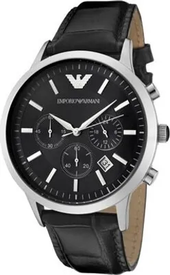A close-up studio shot of a men's chronograph watch with a black dial and a black leather strap.