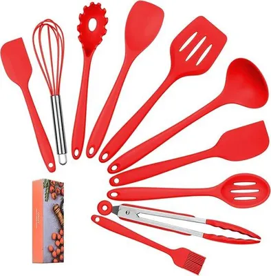Produktbild von 10-teiliges Set aus Silikon-Küchenhelfern – Backset – Hitzebeständig bis 230°C – Lebensmittelechtes Silikon – Rot – Perfekt zum Backen