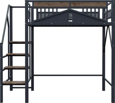 Produktbild von Flieks Etagenbett 140x200cm mit Treppe, Hochbett mit Rausfallschutz, Kinderbett mit Lattenrost, Metallbett Doppelbett Stockbett, Schwarz