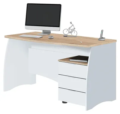 Produktbild von Schreibtisch Carrollton, Schreibtisch, PC-Halter Studiertisch mit 3 Schubladen, 136x67h74 cm, Weiß und Eiche