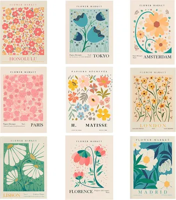 Image de Ensemble de 9 affiches vintage sur le thème des fleurs, imprimées sur toile résistante à l'eau, format 20x25 cm, idéales pour le salon ou la chambre
