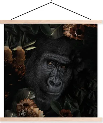 Produktbild von MuchoWow® Textilposter Affe - Tiere - Blumen - Schwarz 60x60 cm mit holzfarbenen Rahmen - Wanddekoration