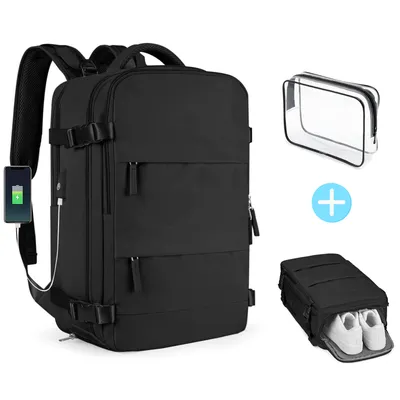 Produktbild von Reiserucksack wasserdicht groß mit USB-Ladeanschluss für 15,6'' laptop, Rucksack Damen und Herren,  Flugzeug genehmigt, Bonus: PVC-Kulturbeutel