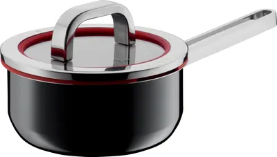 A black saucepan with a silver handle and a red-lined lid, shown against a white background.