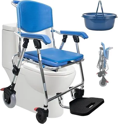 Produktbild von Duschstuhl mit Rollen Klappbar, 3-In-1 Dusch Toilettenstuhl Fahrbar mit Rädern, Wasserdichter Toilettenstuhl für Senioren mit Rollen Blau, 150kg Faltbarer Duschrollstuhl mit Urinal