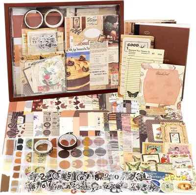 Produktbild von Vintage Scrapbook Zubehör Set, 155 Stück Bullet Journal Zubehör Set mit A6 Raster Notizbuch, Scrapbook Stickers, Reisebuch Geschenkset, DIY Geschenk