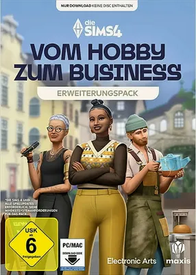 The image shows the box art for The Sims 4: From Hobby to Business expansion pack, featuring three characters.
