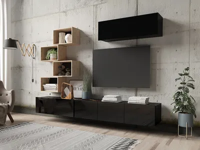 Produktbild von Wohnwand CALABRINI-29 Wohnzimmer-Set Hängewohnwand Schrankwand Schrank TV-Schrank Moderne Anbauwand Hochglanz (Schwarz / Artisan Eiche)