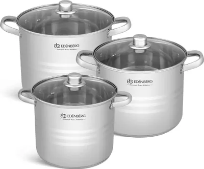 A set of three stainless steel pots with glass lids, arranged in a group.