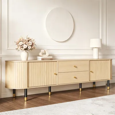 Produktbild von okwish Ovaler Lowboard mit zwei Schubladen und Schiebetüren,Abgerundetes Design, TV Schrank mit Viel Stauraum, Natur
