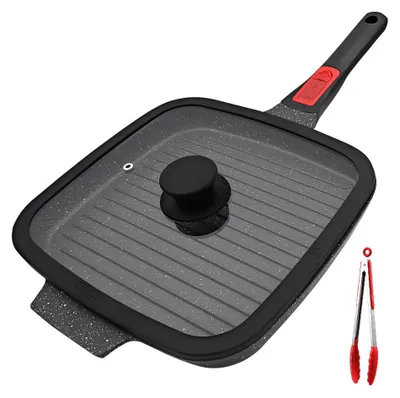 Productafbeelding van Inductie grillpan met afneembaar handvat, 26 x 24 cm, inclusief deksel, met antiaanbaklaag, aluminium, geschikt voor alle soorten fornuizen – zwart