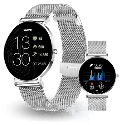 Produktbild von Smartwatch Silber (4,2 cm) 6,9mm hoch - iOS und Android Fitness Tracker AMOLED 21 Sportarten 200 watchfaces Blutsauerstoff Wasserdicht Puls Blutdruck