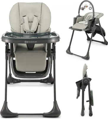 Image de Kinderkraft TUMMIE 2-en-1 chaise d'alimentation - pliable - réglable en hauteur - fonction couchage - 7 niveaux d'adaptation de la hauteur - double plateau - dès la naissance - gris