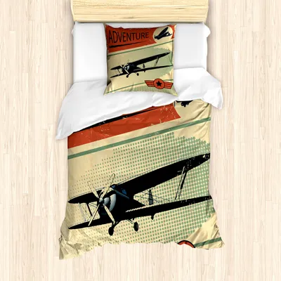 Produktbild von ABAKUHAUS Jahrgang Mantele, Abenteuer mit dem Flugzeug, Milbensicher Allergiker geeignet mit Kissenbezügen, 135 cm x 200 cm - 80 x 80 cm, Mehrfarbig