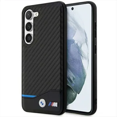 A black phone case with a carbon fiber texture and BMW M branding is shown next to a smartphone.