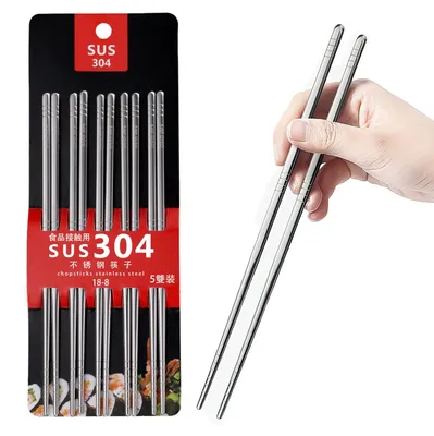 5 Paar Edelstahl-Essstäbchen, Antirutsch, 22,5 cm, Spülmaschinenfest