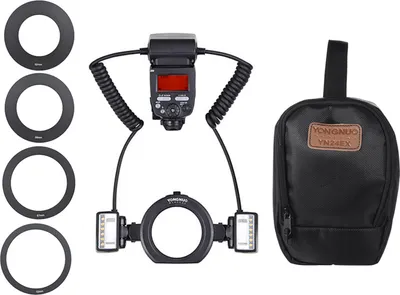 Zdjęcie produktu dla YONGNUO YN24EX E-TTL Macro Speedlite 5600K z 2 głowicami błyskowymi i 4 pierścieniami adapterowymi do aparatów Canon EOS 1DX, 5D3, 6D, 7D, 70D i 80D