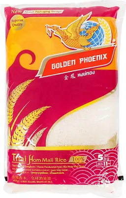 A bag of Golden Phoenix Thai Hom Mali Rice.