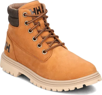 A single tan boot with brown laces and a white sole is shown against a white background.
