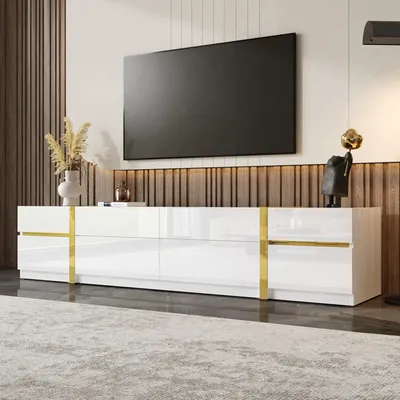 Immagine prodotto di Mobile TV Merax con bordi dorati, mobile TV basso con 4 cassetti e 2 ante, mobile TV in stile moderno per il soggiorno, bianco lucido