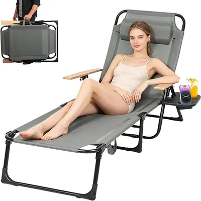 Imagen del producto de Tumbona plegable con respaldo ajustable en 4 posiciones, tumbona de jardín plegable, silla reclinable con reposabrazos de madera, capacidad de 150 kg, tumbona plegable para camping, ideal para balcón, camping y playa, ligera (gris)