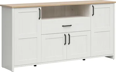 Produktbild von Buffet Aksel mit 1 Schublade und 4 Türen, Weiß und Holzoptik, 194cm