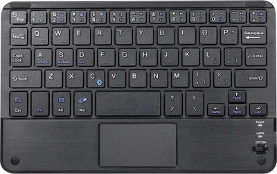 A top-down view of a black mini Bluetooth keyboard with a touchpad.